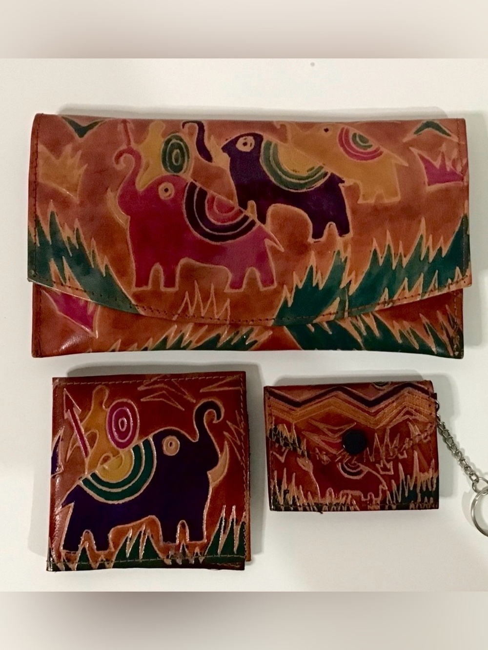 Vintage wallet set leather colourful elephant